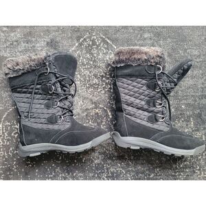 Lands End Womens 421039 Powder Belle Suede Boots Faux Fur Collar Black Size 7.5